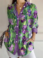 Purple Floral Art Print V-neck Long Sleeve Tops