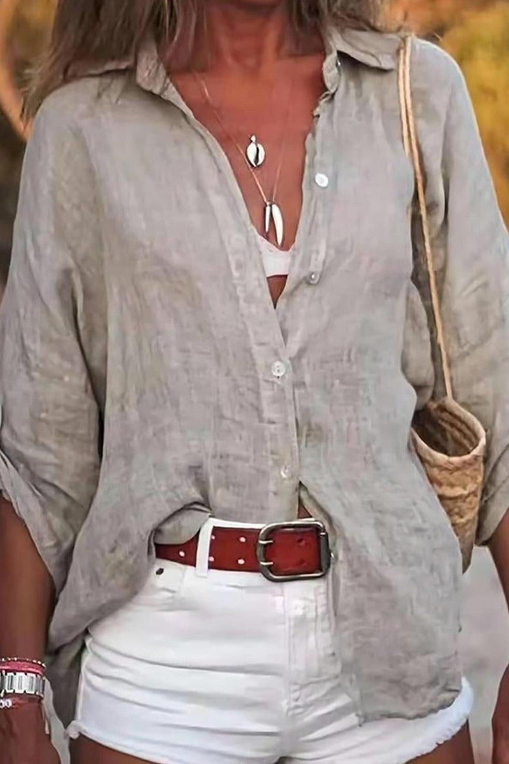 Soild Shirt Collar Loose 3/4 Sleeves Casual Blouse