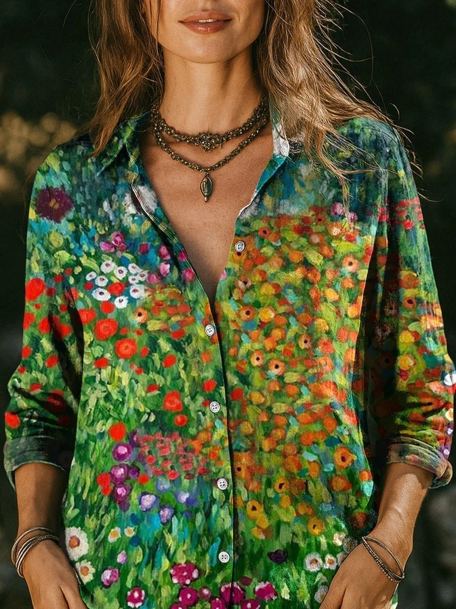 Colorful Floral Print Lapel Long Sleeve Casual Shirt