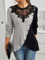 Color Block Ribbed Knit Lace Round Neck Long Sleeve Slim Fit Sweater with Button Details
