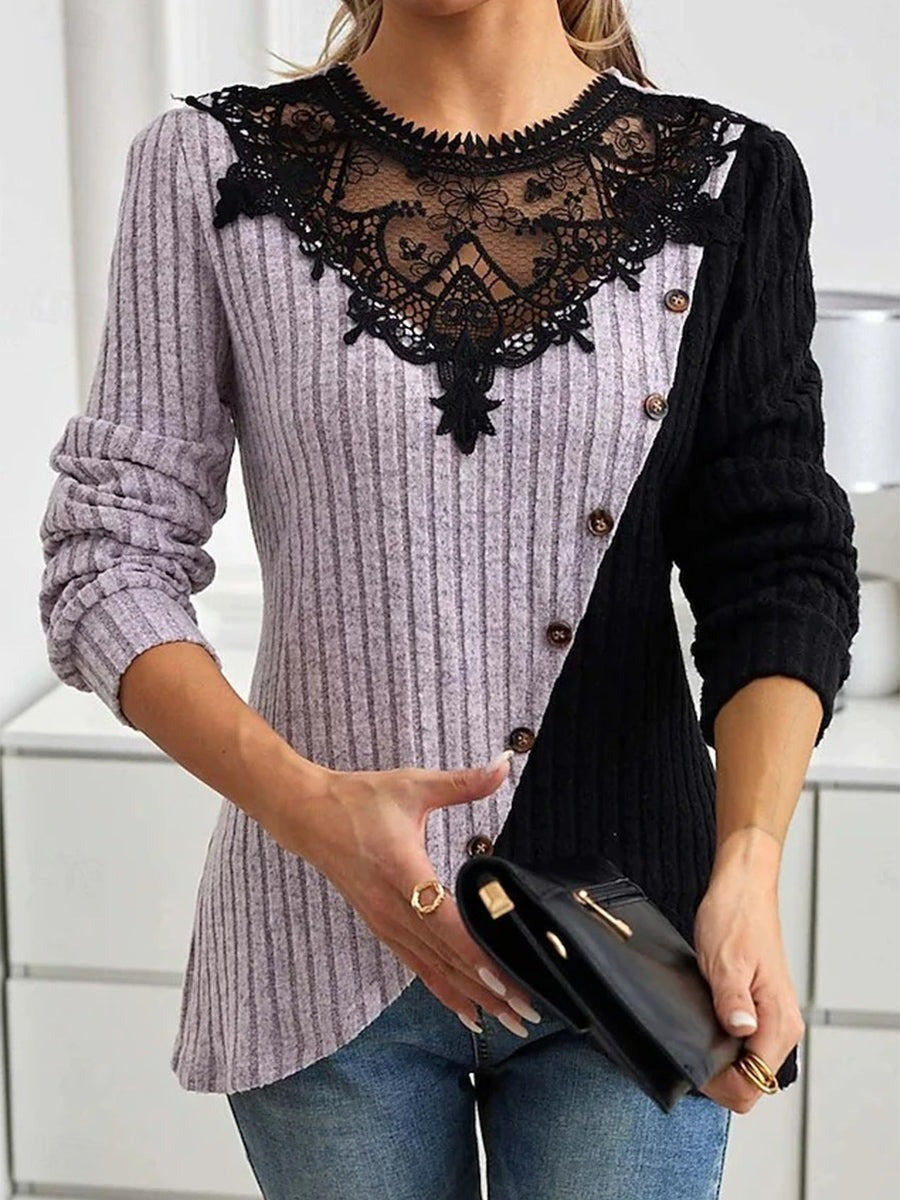 Color Block Ribbed Knit Lace Round Neck Long Sleeve Slim Fit Sweater with Button Details
