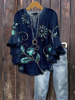 Chic Floral Print V-neck 3/4 Sleeve Loose Casual Blouse