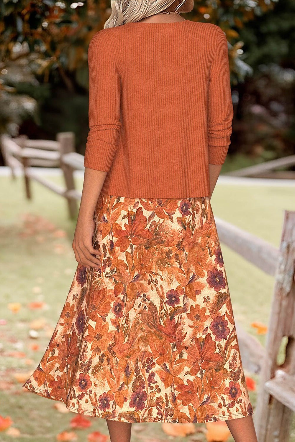 Elegant Orange Floral Print Midi Dress with Matching Long Sleeve Cardigan
