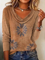 Boho Floral Tie-Dye Print Cowl Neck Long Sleeve Casual Knit Sweater