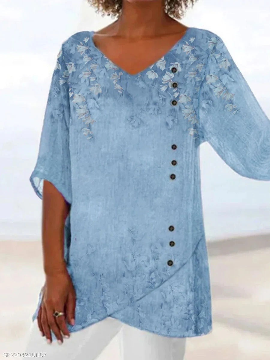 Solid Paneled V Neck Floral Print 3/4 Sleeve Shirts