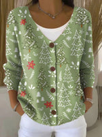 Christmas Tree Art Print Buttoned V-neck Long Sleeve Sweater