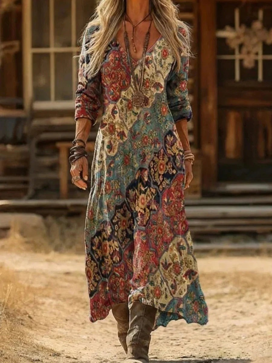 Vintage Ethnic Floral Print V-neck Long Sleeve Comfy Maxi Dress