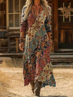 Vintage Ethnic Floral Print V-neck Long Sleeve Comfy Maxi Dress