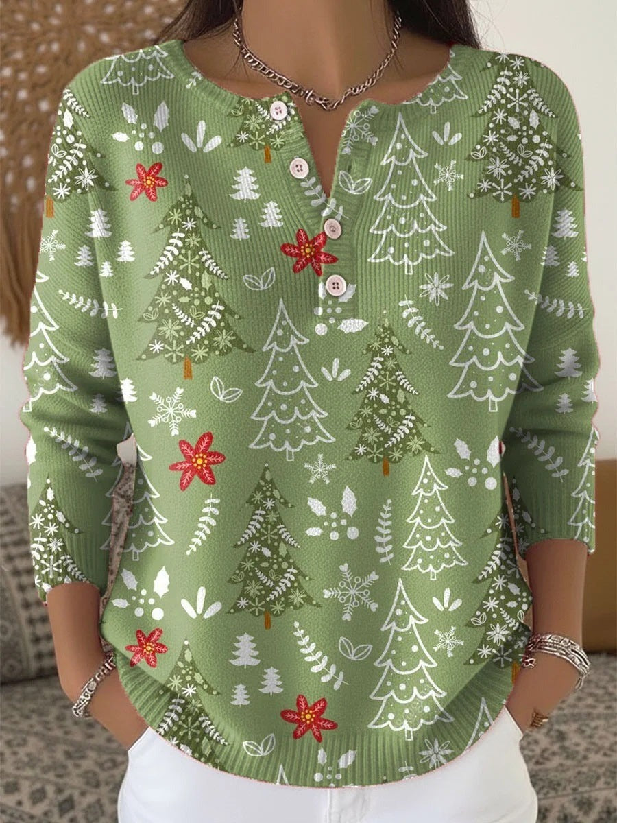 Green Christmas Tree Print Crew Neck Long Sleeve Buttoned Casual Sweater