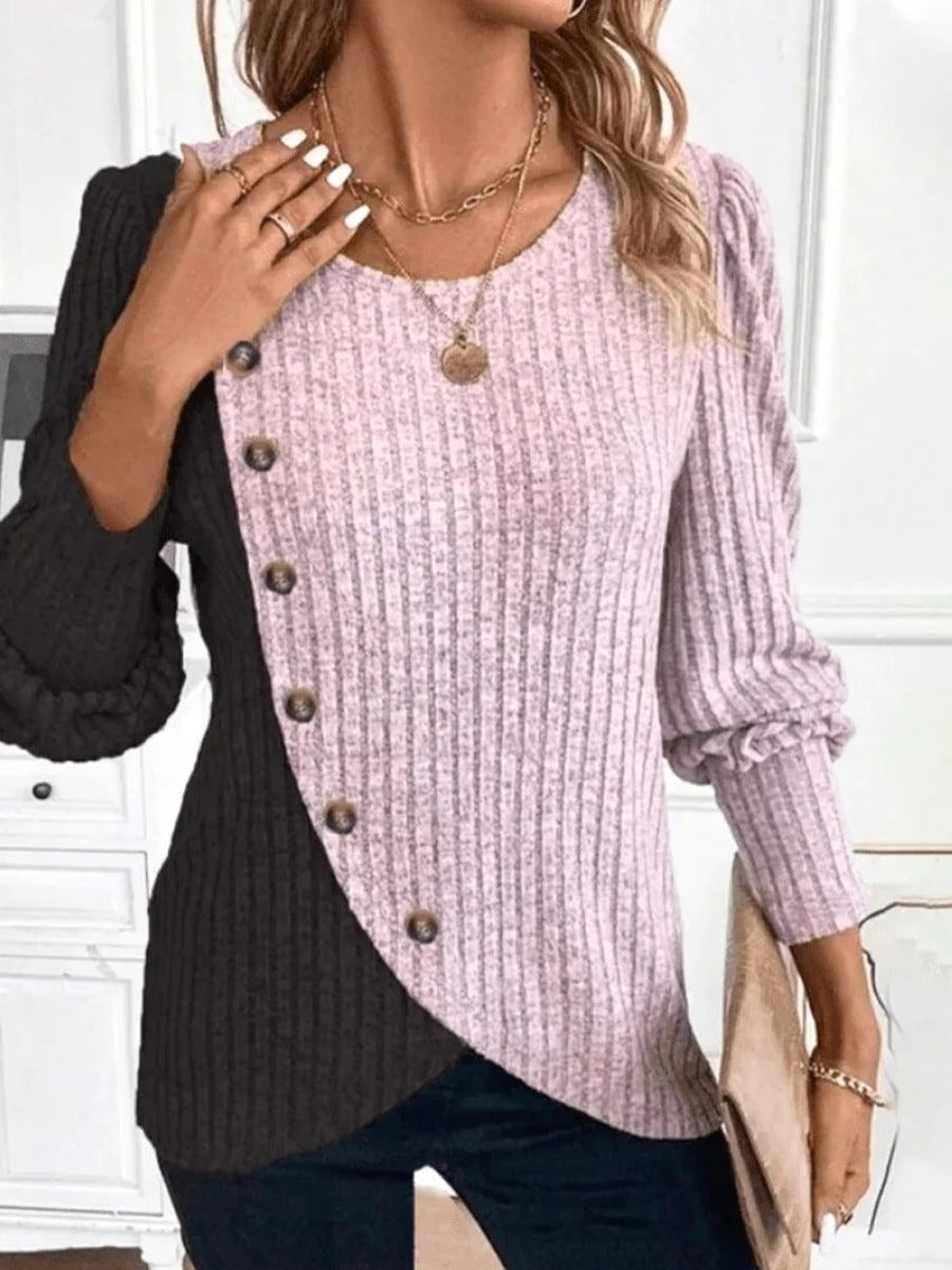Chic Colorblock Ribbed Knit Asymmetrical Button Crew Neck Long Sleeve Slim Fit Sweater