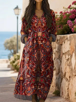Women'sFloral Pattern Long Sleeve SidePocket Cotton Dress