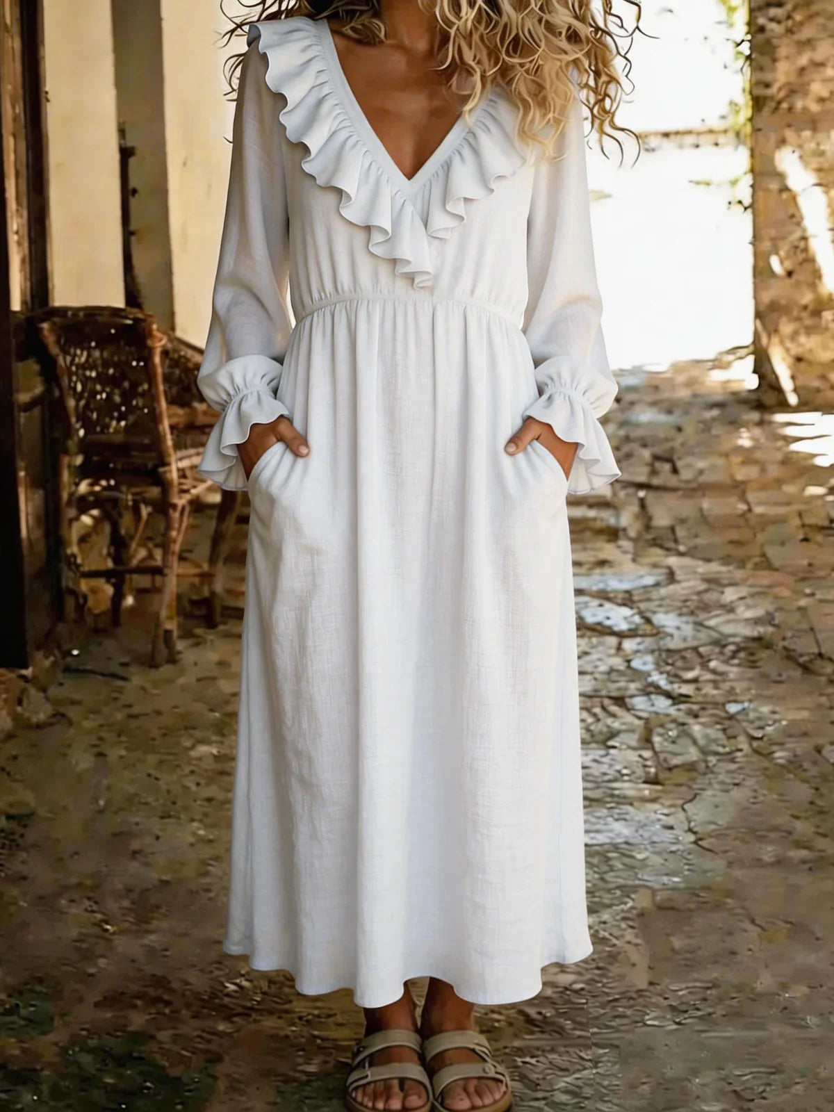 Solid Color V-neck Ruffled Long Sleeve Casual Loose Maxi Dress