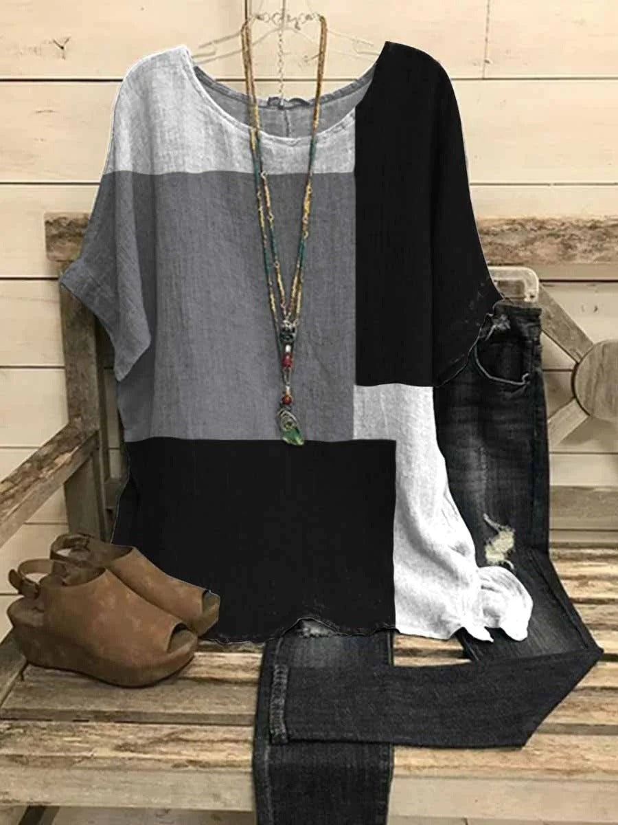 Geometric Art Print Round Neck Casual Short Sleeve Blouse