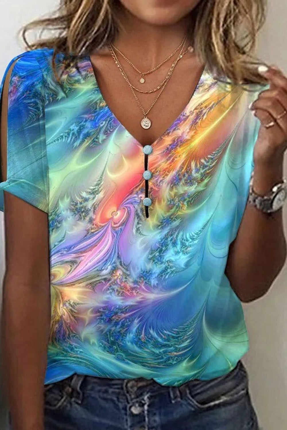 Watercolor Print V-Neck Button Short Sleeves Blouse
