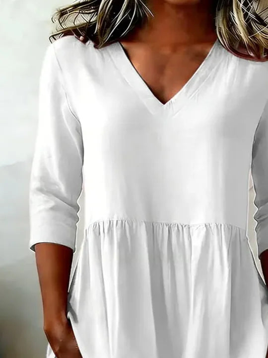 Women V Neck Half Sleeve Solid Color Loose H-Line Tunic Blouse