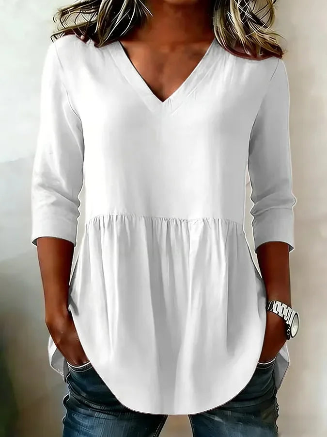 Women V Neck Half Sleeve Solid Color Loose H-Line Tunic Blouse