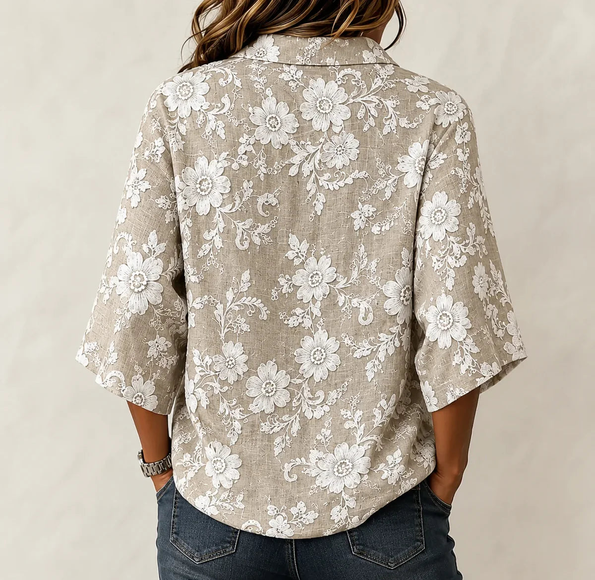 Women's Shawl Collar Half Sleeve Floral Lightweight Loose Shirt