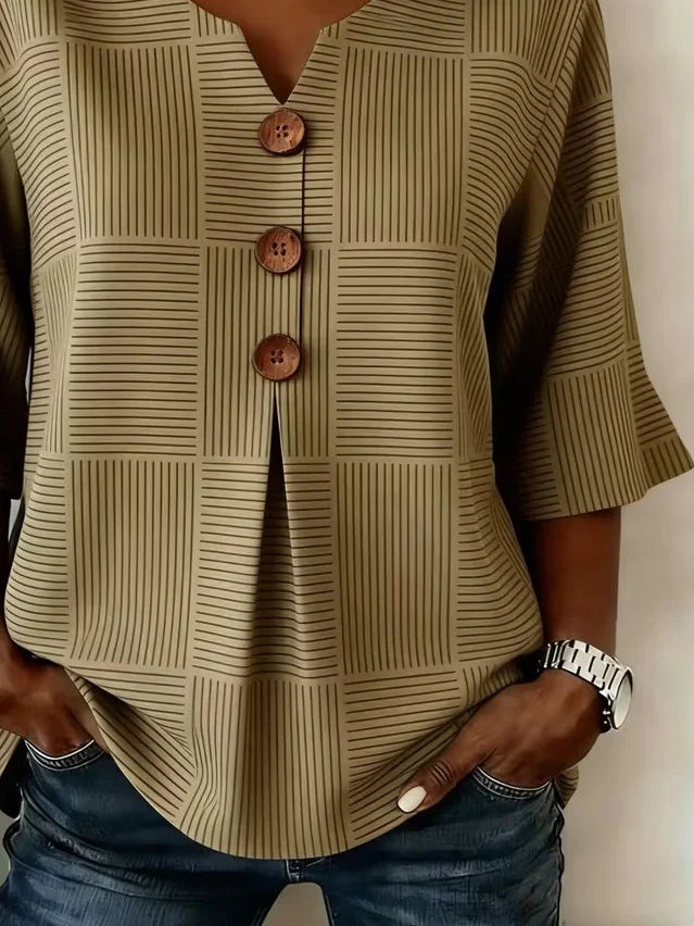 Women V Neck Half Sleeve Brown Striped Peplum Regular Fit Blouse