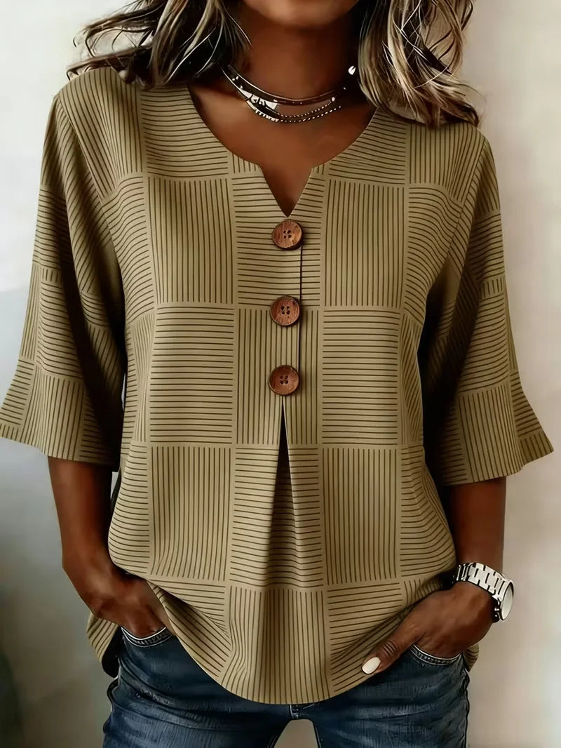 Women V Neck Half Sleeve Brown Striped Peplum Regular Fit Blouse