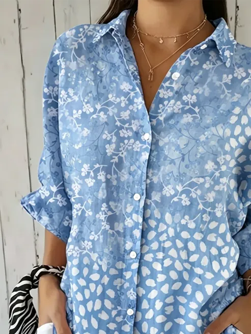 Blue Mixed Floral Leaf Print Lapel Collar Rolled Half Sleeve Button Down Casual Shirt For Women