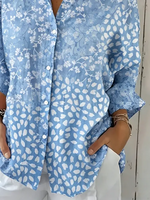Blue Mixed Floral Leaf Print Lapel Collar Rolled Half Sleeve Button Down Casual Shirt For Women