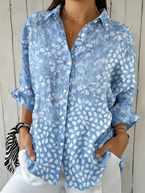 Blue Mixed Floral Leaf Print Lapel Collar Rolled Half Sleeve Button Down Casual Shirt For Women
