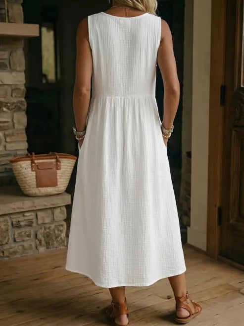 White Split V-Neck Sleeveless Textured Cotton Linen Loose Maxi Dress With Side Pockets For Women
