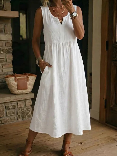 White Split V-Neck Sleeveless Textured Cotton Linen Loose Maxi Dress With Side Pockets For Women