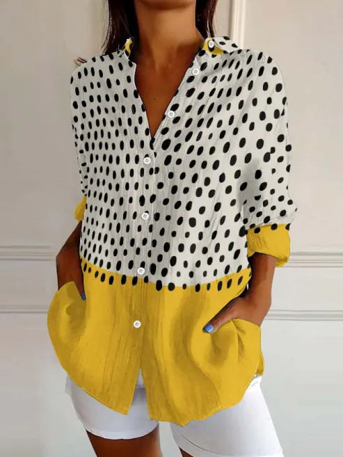White Black Polka Dot Yellow Color Block Lapel Collar Roll Sleeve Pocket Linen Blend Shirt For Women