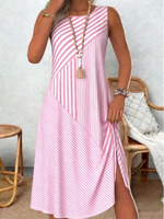 Pink Diagonal Stripe Patchwork Crew Neck Sleeveless Side Slit Loose Cotton Midi Dress For Women