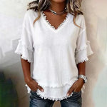 Retro Solid-Color Bohemian-Style Short-Sleeve V-Neck Top