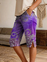Women's Vintage Ethnic Blue Floral Art Print Casual Denim Shorts