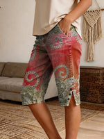 Women's Vintage Ethnic Blue Floral Art Print Casual Denim Shorts