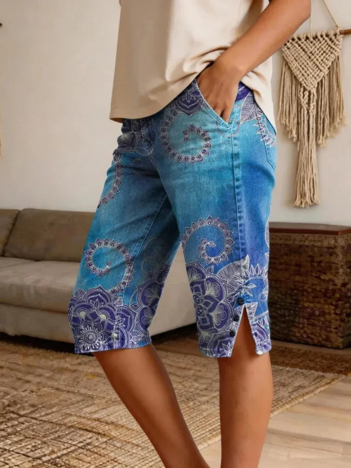 Women's Vintage Ethnic Blue Floral Art Print Casual Denim Shorts