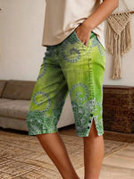 Women's Vintage Ethnic Blue Floral Art Print Casual Denim Shorts