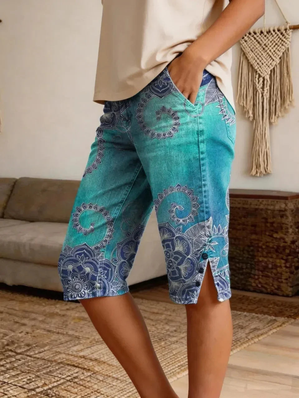 Women's Vintage Ethnic Blue Floral Art Print Casual Denim Shorts