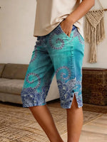 Women's Vintage Ethnic Blue Floral Art Print Casual Denim Shorts