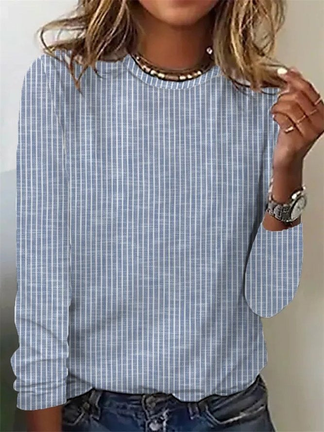 Stripe Print Round Neck Long Sleeves Blouse