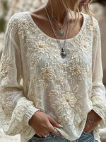 White Daisy Embroidered Crew Neck Loose Blouse