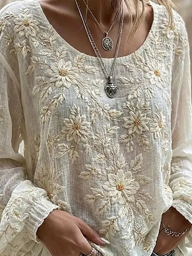 White Daisy Embroidered Crew Neck Loose Blouse