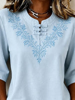 Sky Blue Mandarin Collar Floral Embroidered Half Sleeve Blouse