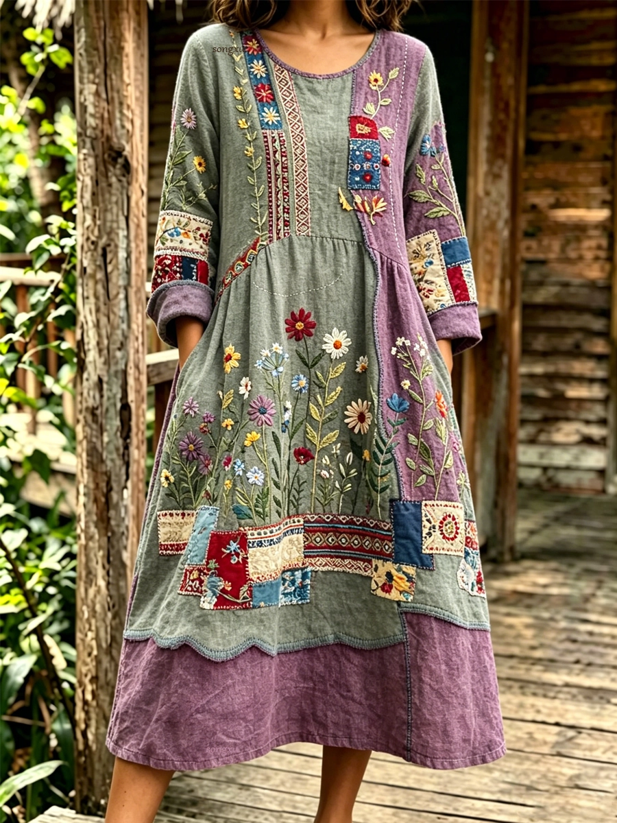 Vintage Patchwork Floral Embroidery Crew Neck Long Sleeve Linen H-Line Midi Dress