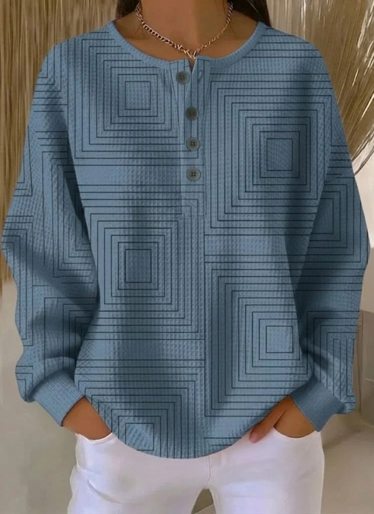 Dusty Teal Square Geometric Print Waffle Knit Four-Button Henley Sweatshirt