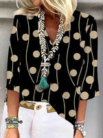 Polka Dot Printed V Neck Casual 3/4 Sleevess Blouse