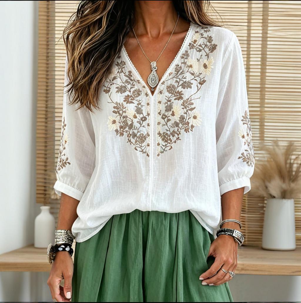 Women's Solid Color Floral Lace Trim V-Neck 3/4 Sleeve Top