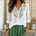 Women's Solid Color Floral Lace Trim V-Neck 3/4 Sleeve Top