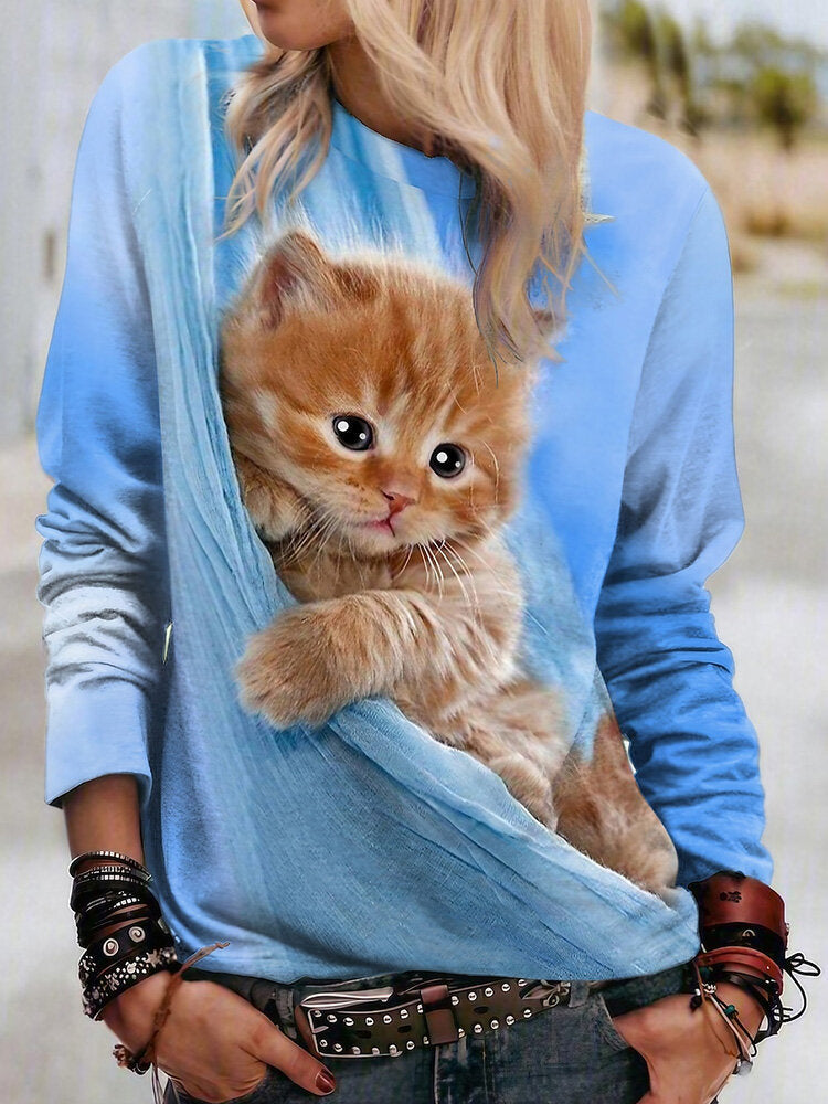 Blue Cute 3D Cat Print Crew Neck Long Sleeves Sweatshirt