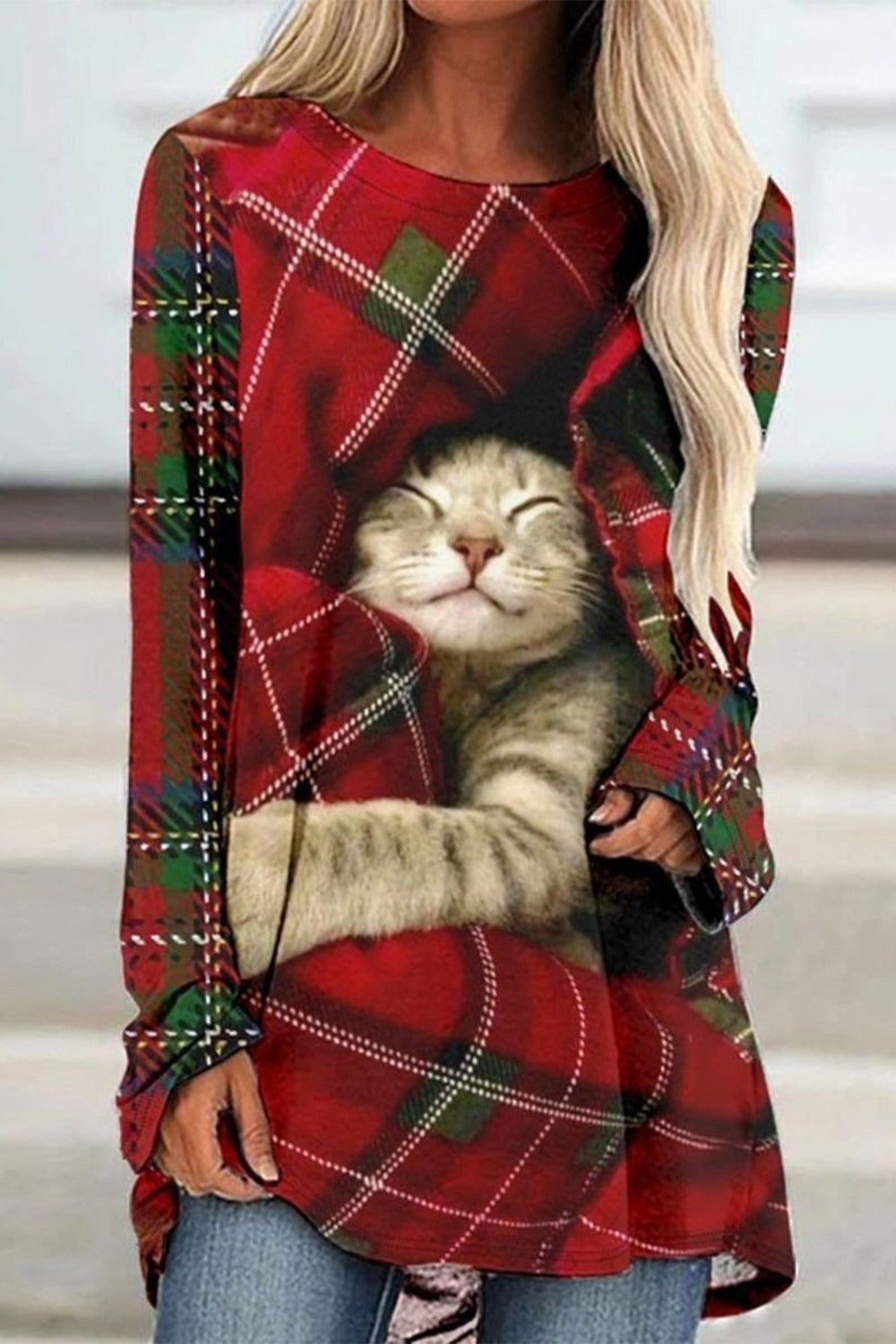 Graphic Long Sleeve Tops Round Neck Plaid Cat Printed Sweatshirts