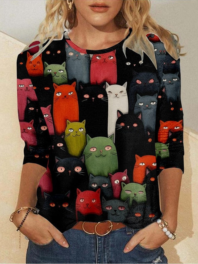 Cat Printed Crew Neck Long Sleeve Micro-Elasticity Regular Fit Shirt