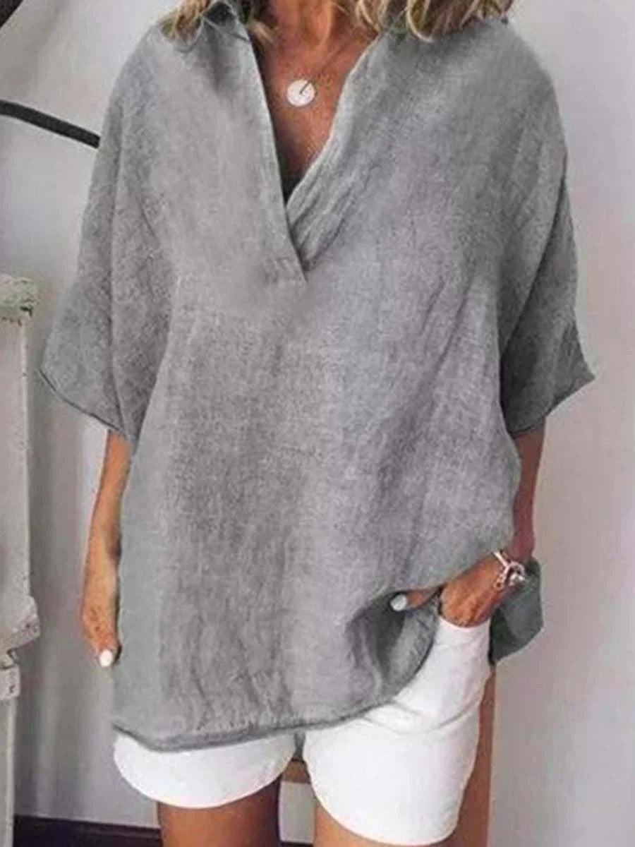 Solid Color V-Neck Cotton Shirt Short Sleeve Pullover Blouse